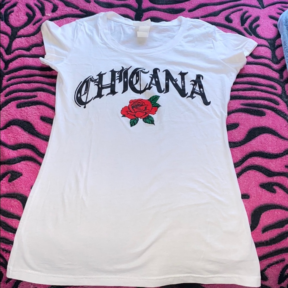White “Chicana” shirt with rose
